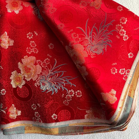 Red Gold Blue Chinese Satin Floral Brocade Fabric 44 x 359 Over 8 Yards - Picture 5 of 9